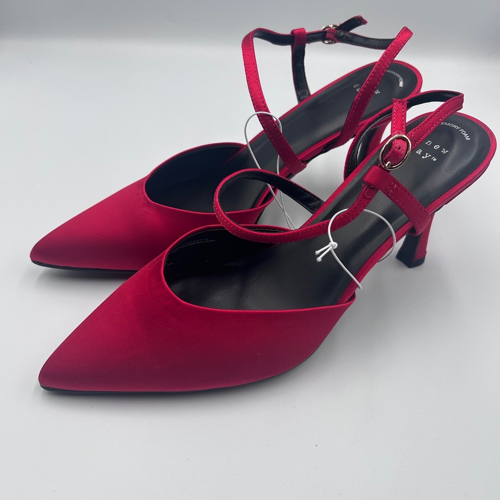 A New Day Rosemary Red Satin Pointed Toe Ankle Strap Pumps Heels Size 11 NEW